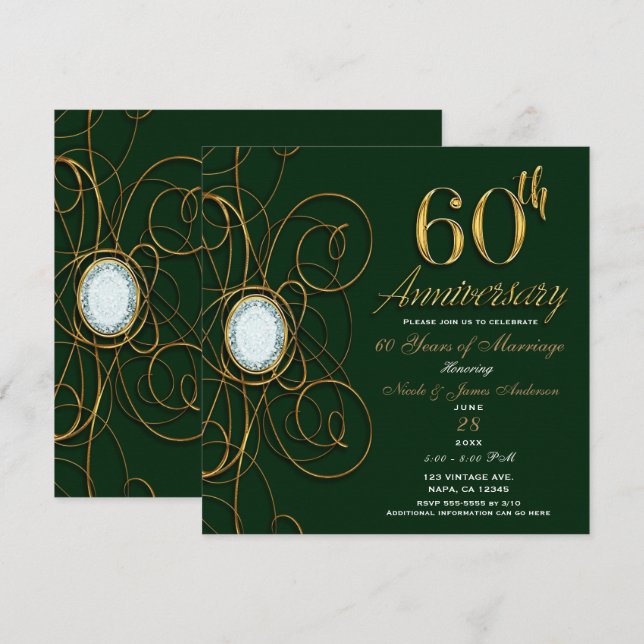 Convites Esmeralda Verde & Diamante Dourado 60 60º Aniversá (Frente/Verso)