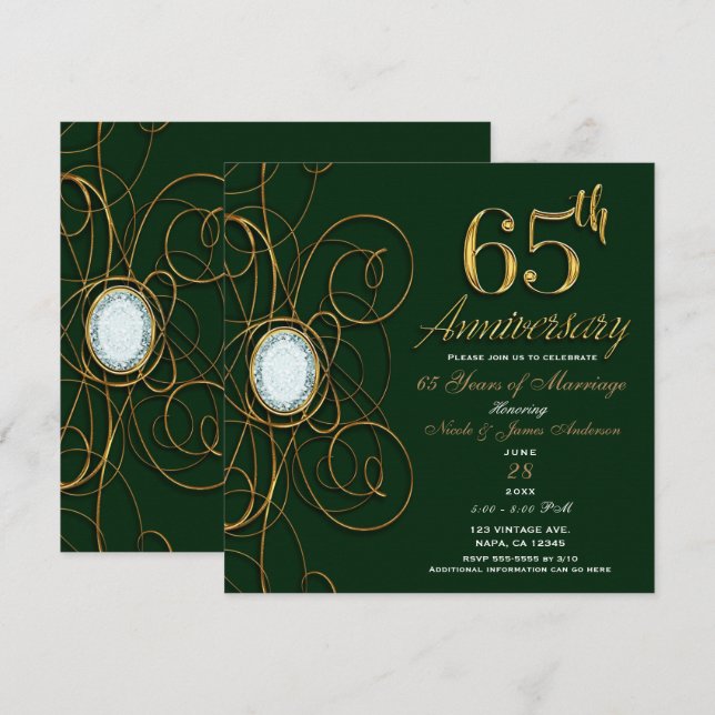 Convites Esmeralda Verde & Diamante Dourado 65 65º Aniversá (Frente/Verso)