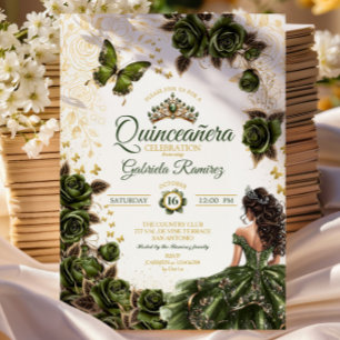 Convites Esmeralda Verde Dourada Tiara Floral Quinceañera