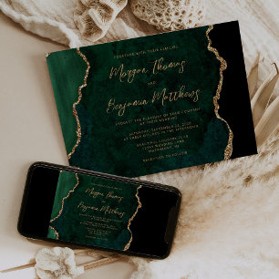 Convites Esmeralda Verde Dourado Ágata Script Casamento