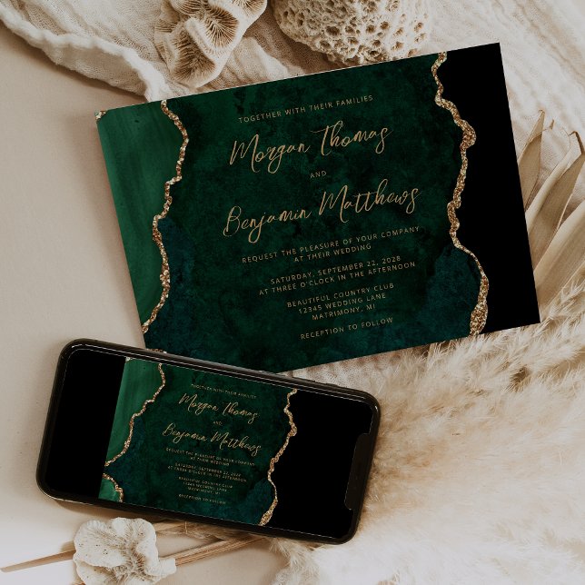 Convites Esmeralda Verde Dourado Ágata Script Casamento (Criador carregado)
