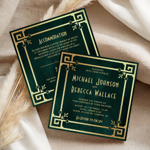 Convites Esmeralda Verde Dourado Art Deco Tudo em Um Casame