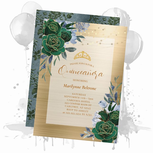 Convites Esmeralda Verde Dourado Floral Quinceañera (Criador carregado)