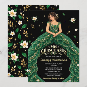 Convites Esmeralda Verde Dourado Floral Quinceañera