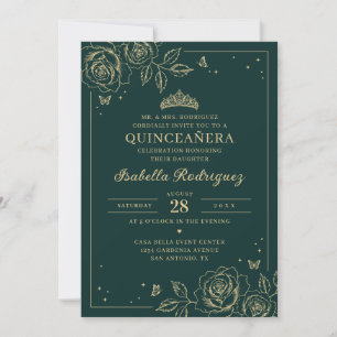 Convites Esmeralda Verde Dourado Floral Quinceañera