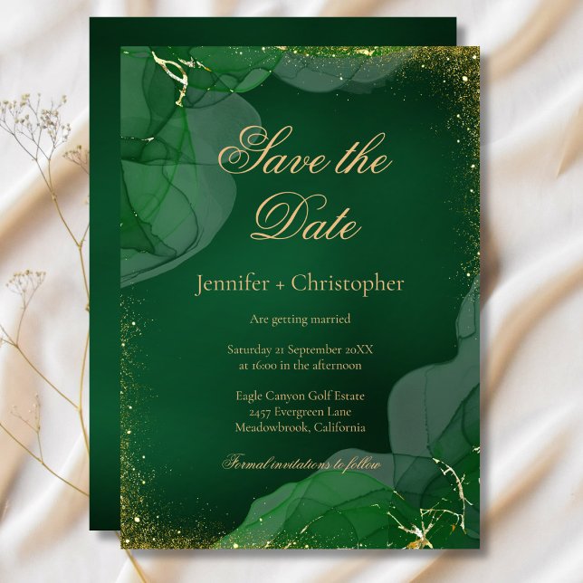 Convites Esmeralda Verde Dourado Mármore Casamento Salve A  (Emerald Green Gold Marble Wedding Save The Date Invitation)