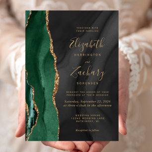 Convites Esmeralda Verde Dourado Preto Aquarela Ágata Casam