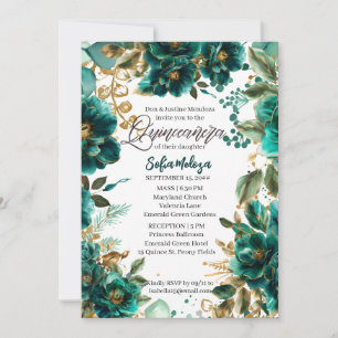 Convites Esmeralda Verde e Dourada Quinceanera e Missa