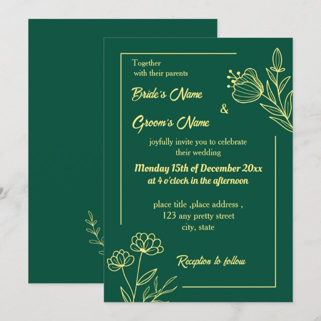 Convites Esmeralda verde-esmeralda-romântica com flor de ou (Frente/Verso)