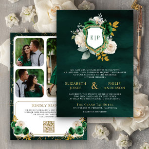 Convites Esmeralda Verde Floral Código QR Foto Brasão Casam