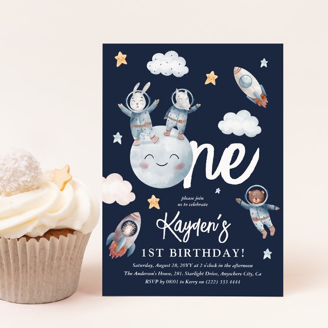 Convites Espaço Animal da Floresta Fofa 1º Aniversário (Cute Space Woodland Animals 1st Birthday Party Invitation)