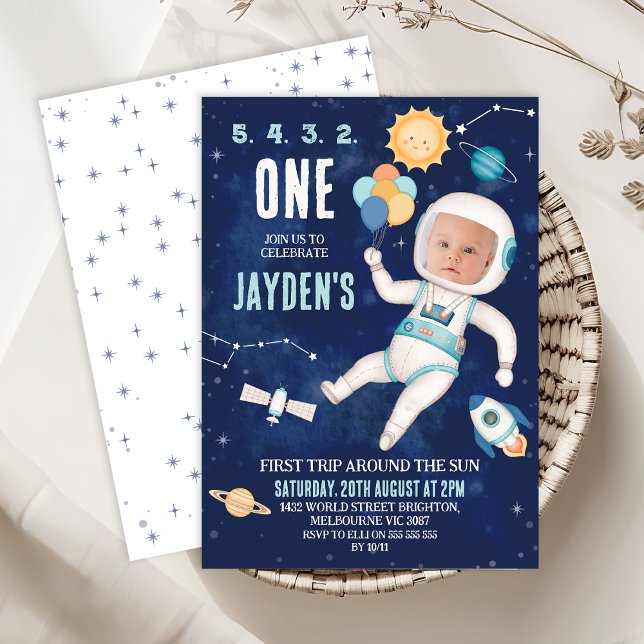 Convites Espaço Azul Cujo Primeiro Trilha Em Torno Do prime (First Trip Around The Sun 1st Birthday Invitation, Outer Space First Birthday Invitation Template, )