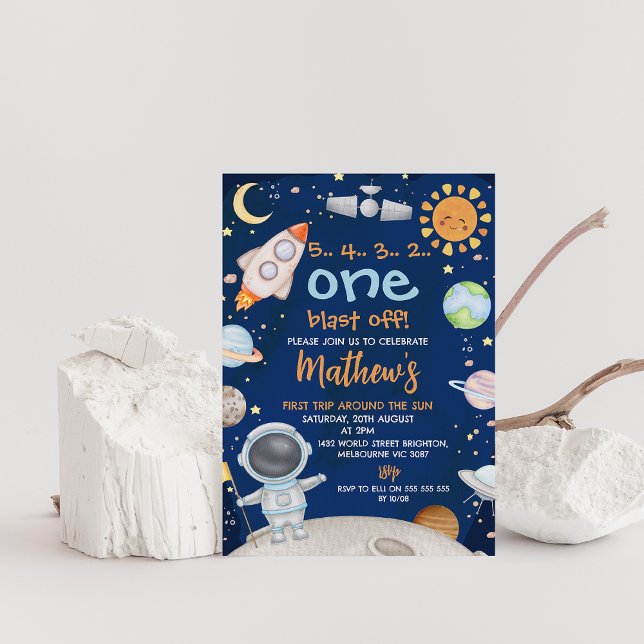 Convites Espaço Azul Primeira Viagem em torno do primeiro a (First trip around the sun 1st birthday invitation, Outer space birthday party invitation, blast off)