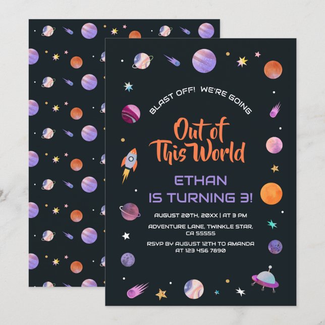 Convites Espaço Exterior Fora desta Festa de aniversário Mu (Frente/Verso)