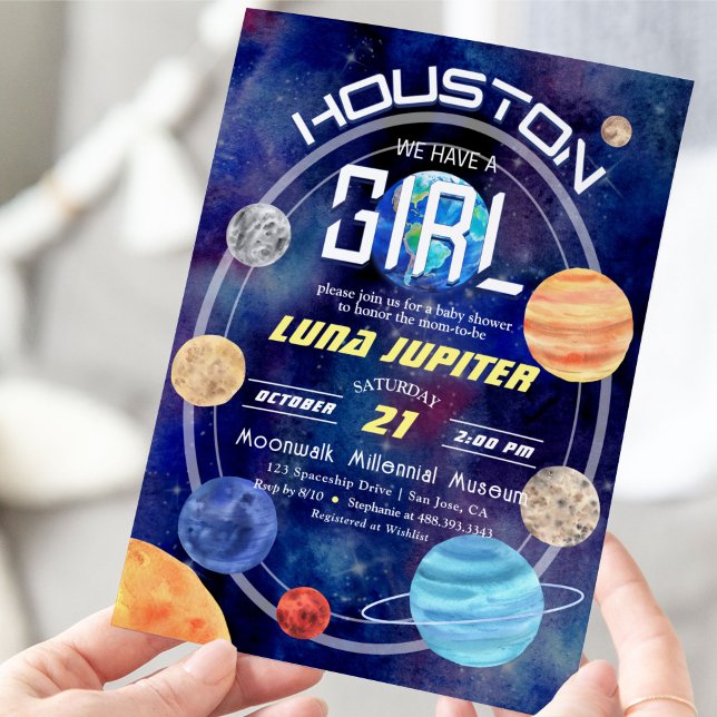 Convites Espaço Exterior, Houston Solar System Baby Girl Ch (Houston, We Have a Girl! Cute Solar System Space Themed Invitation.)