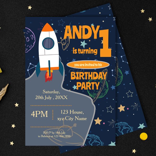 Convites Espaço Exterior Primeira Festa de aniversário Sexo (Outer Space First Birthday Party Gender Neutral Invitation)
