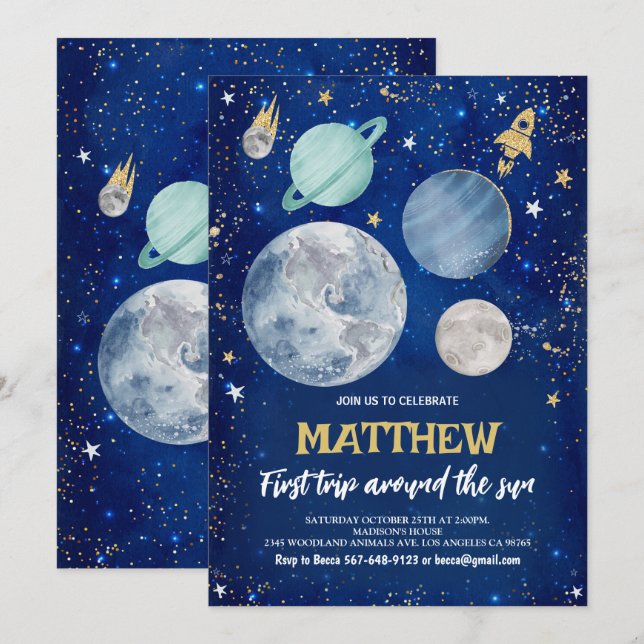Convites Espaço Exterior Primeiro Aniversário (Frente/Verso)