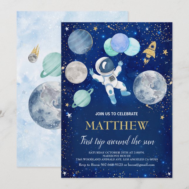 Convites Espaço Exterior Primeiro Aniversário (Frente/Verso)