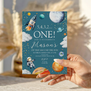 Convites Espaço Exterior Primeiro Aniversário Azul Foguete 