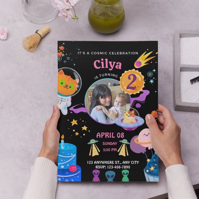 Convites Espaço Negro Colorido - Festa de aniversário (Colorful Black Space Themed Birthday Party Invitation)
