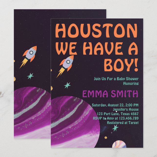 Convites Espaço Sideral Houston Nós Temos um Chuveiro de Be (Frente/Verso)