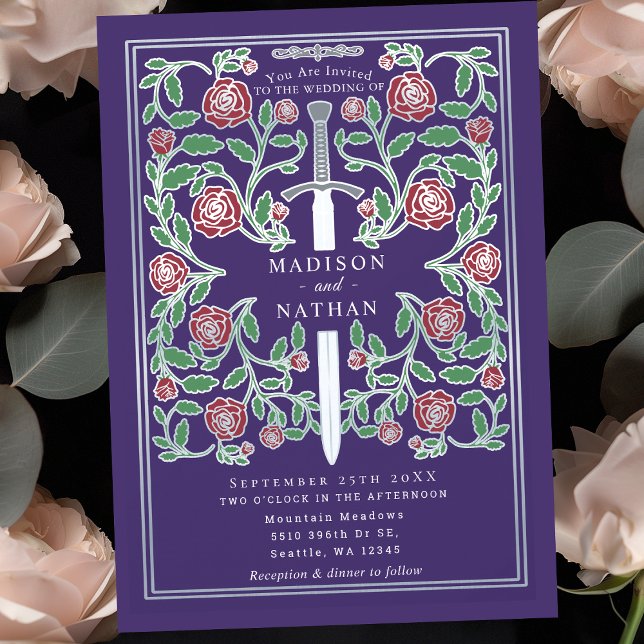 Convites Espada de Prata Roxa Casamento de Fantasia Medieva (Criador carregado)