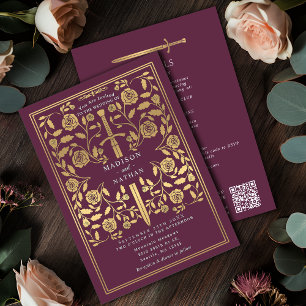 Convites Espada Dourada Medieval Real Mauve Código QR Casam