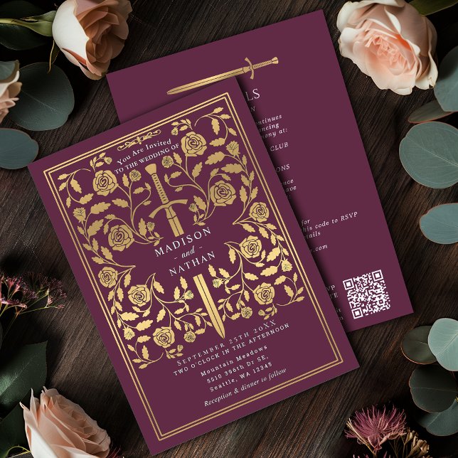Convites Espada Dourada Medieval Real Mauve Código QR Casam (Criador carregado)