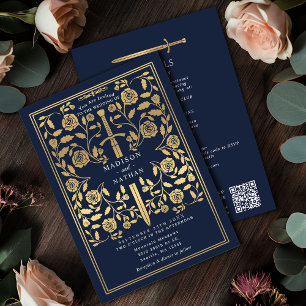 Convites Espada Dourada Real Medieval Azul Código QR Casame