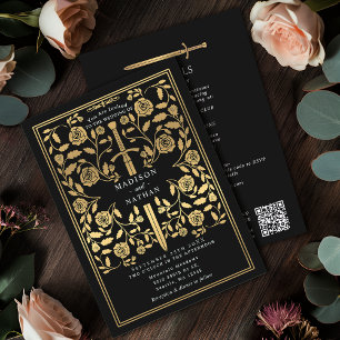 Convites Espada Dourada Real Medieval Casamento Código QR