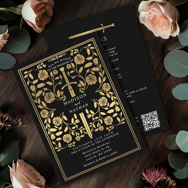 Convites Espada Dourada Real Medieval Casamento Código QR (Criador carregado)