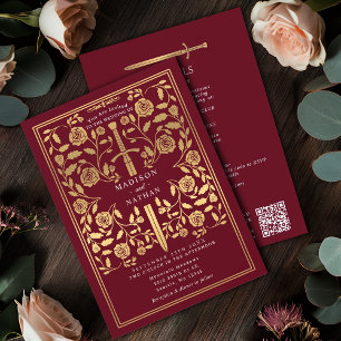 Convites Espada Dourada Real Medieval Vermelha Código QR Ca