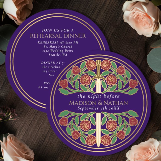 Convites Espada Floral Dourada Roxa Ensaios do Casamento Re (Criador carregado)