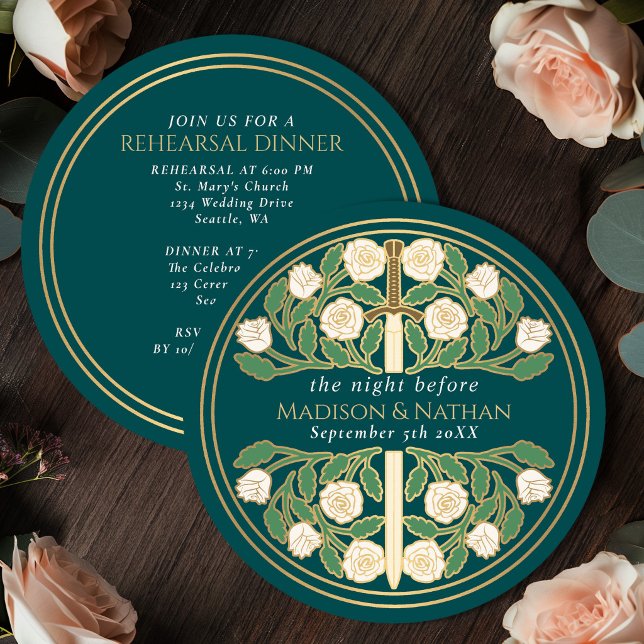 Convites Espada Floral Dourada Turquesa Ensaio de Casamento (Criador carregado)