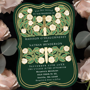 Convites Espada Floral Medieval Real Verde Casamento Branco