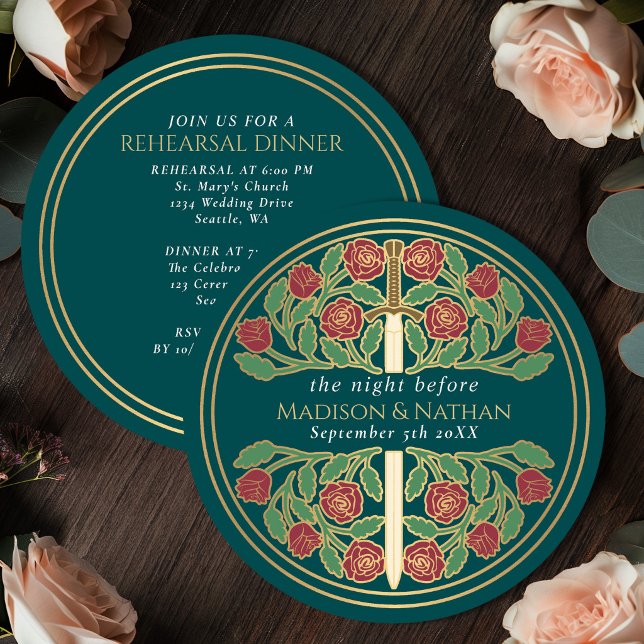 Convites Espada Floral Teal Dourado Ensaio de Casamento Rea (Criador carregado)