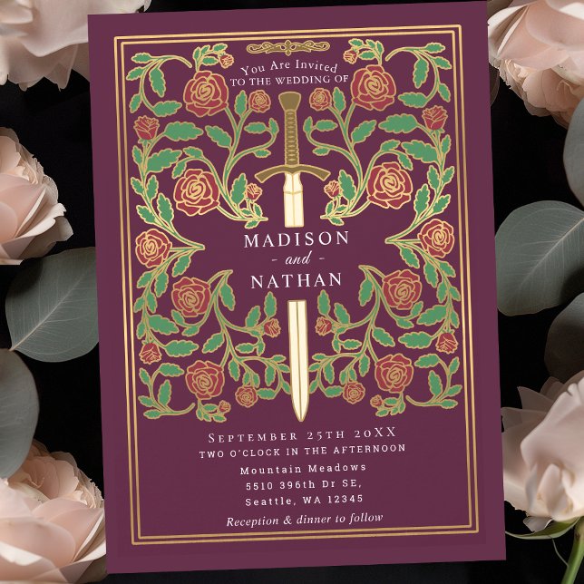 Convites Espada Malva Floral Fantasia Medieval Casamento  (Criador carregado)