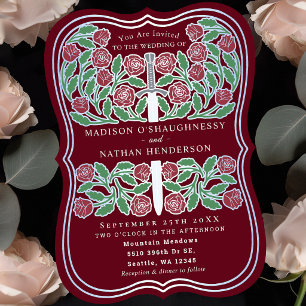 Convites Espada Prata Floral Medieval Royal Vermelha Casame