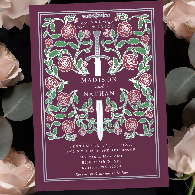 Convites Espada Prateada Malva Floral Fantasia Medieval Cas (Criador carregado)