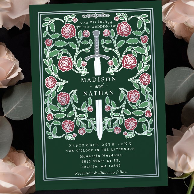 Convites Espada Prateada Verde Floral Casamento de Fantasia (Criador carregado)