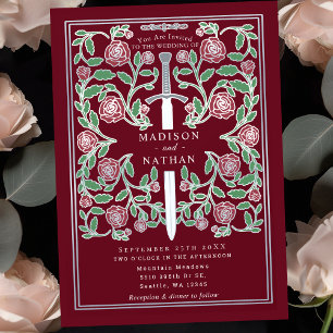 Convites Espada Prateada Vermelha Floral Fantasia Medieval