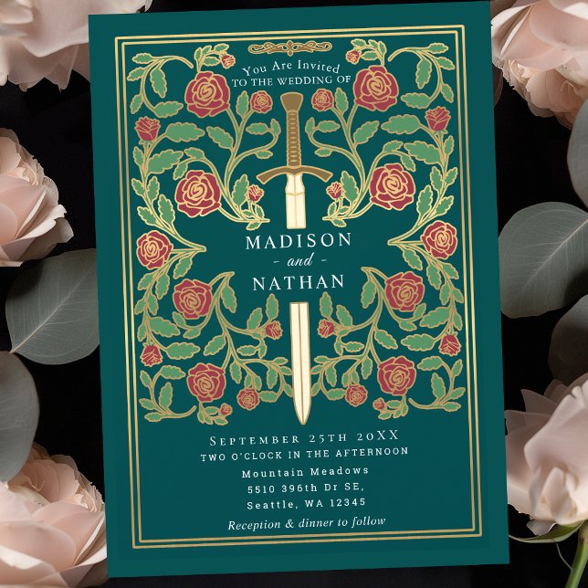 Convites Espada Verde-Floral Fantasia Medieval Casamento  (Criador carregado)