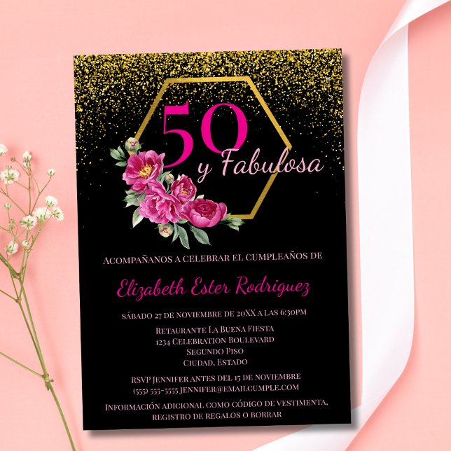 Convites Espanhol 50 e Fabulosa Dourado Preto Rosa Chic Flo (Criador carregado)