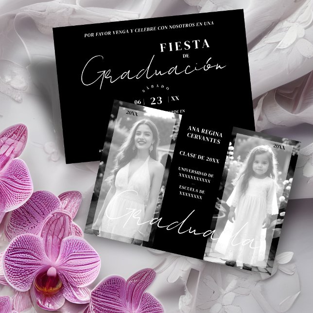 Convites Espanhol - Agora Formando Mínimo de Fotos Branco P (Spanish Chic Then & Now Minimal Black & White 2 Photos Graduation Invitation with Envelope.)