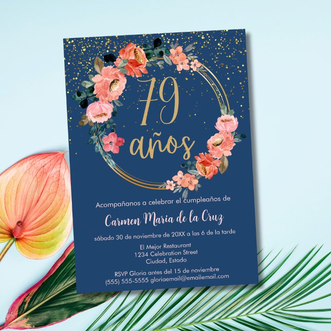 Convites Espanhol Azul Cor-de-Rosa Floral 79.º Aniversário (Criador carregado)