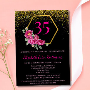 Convites Espanhol Belo Preto Dourado Rosa 35º Aniversário