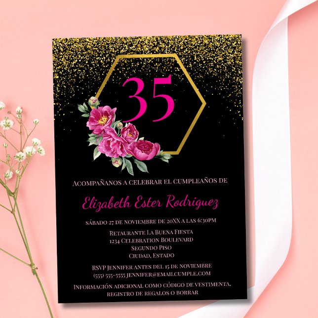 Convites Espanhol Belo Preto Dourado Rosa 35º Aniversário (Criador carregado)