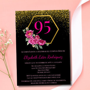 Convites Espanhol Black Gold & Pink de Aniversário de 95 An