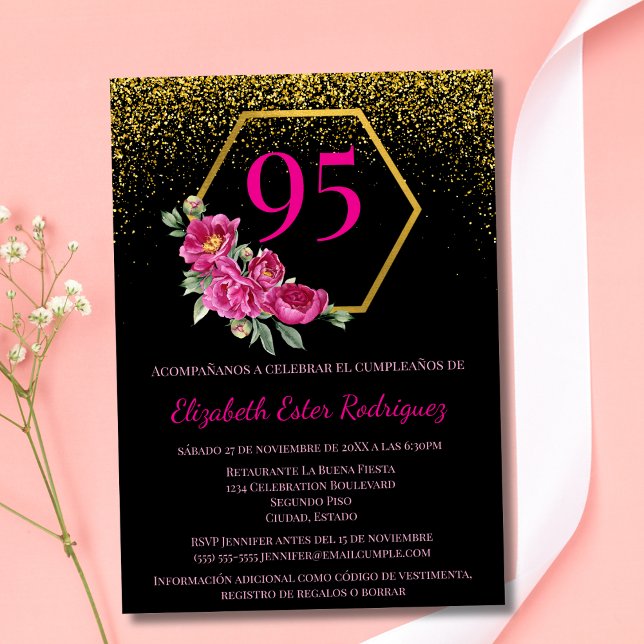 Convites Espanhol Black Gold & Pink de Aniversário de 95 An (Criador carregado)