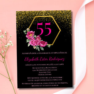 Convites Espanhol Black & Gold Pink Estiloso Aniversário de